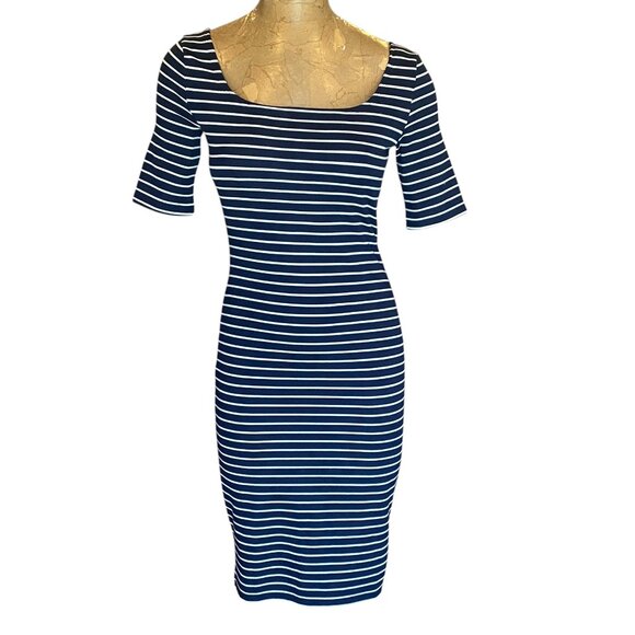 Popular Basics Bodycon Navy & White Striped Dress Sz M #287J - Picture 1 of 6